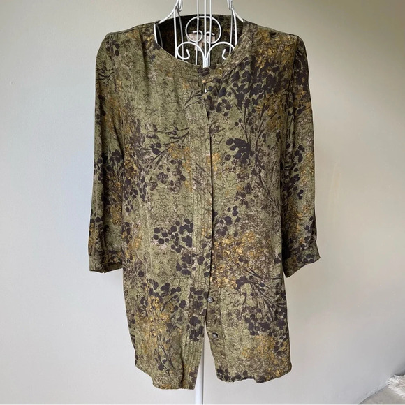 Banana Republic Olive Green 100% Silk Blouse Floral Print 3/4 sleeve crew neck 6 - Picture 1 of 10